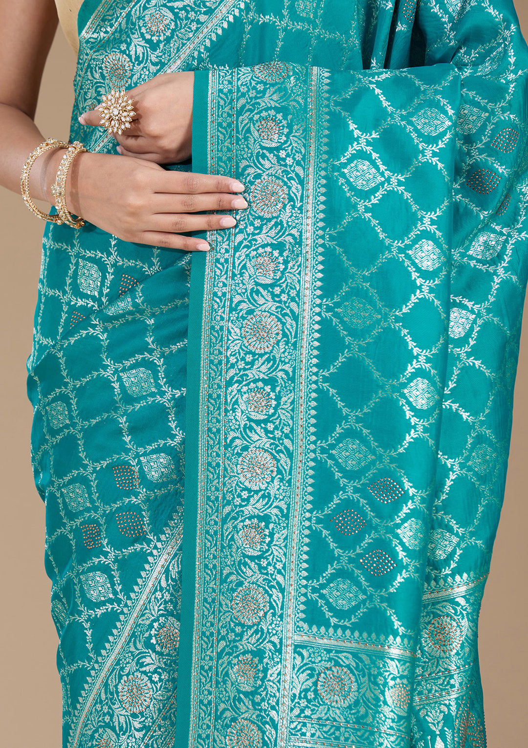 Peacock Green Stonework (Gold) Silk Saree