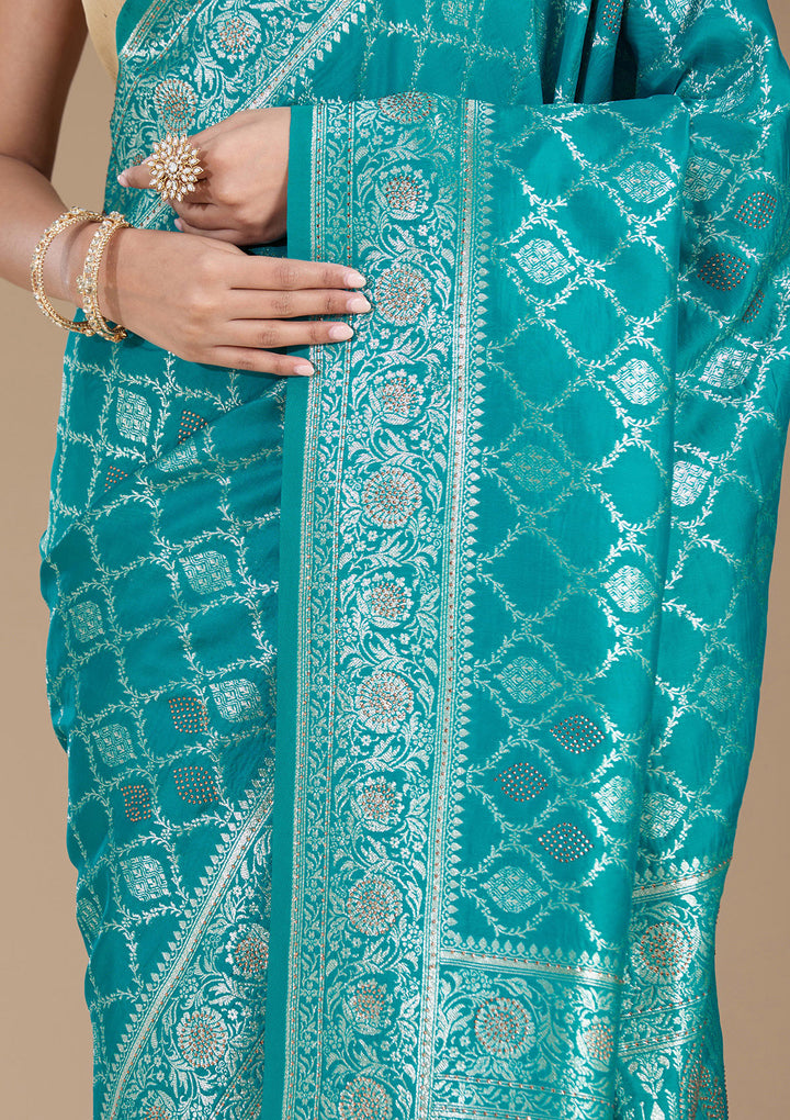 Peacock Green Stonework (Gold) Silk Saree