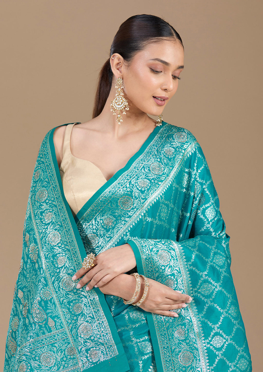 Peacock Green Stonework (Gold) Silk Saree