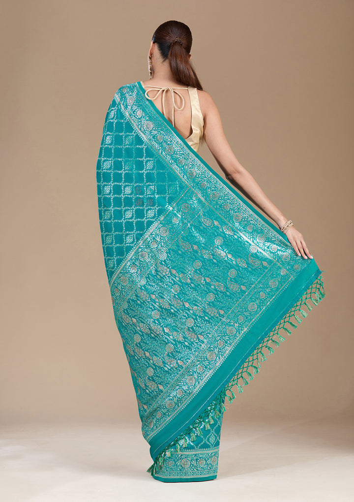 Peacock Green Stonework (Gold) Silk Saree