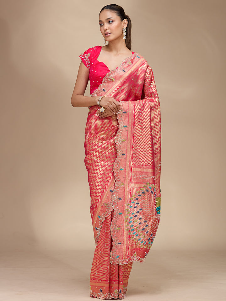 Rani Pink Stonework (Gold) Silk Silk_Saree
