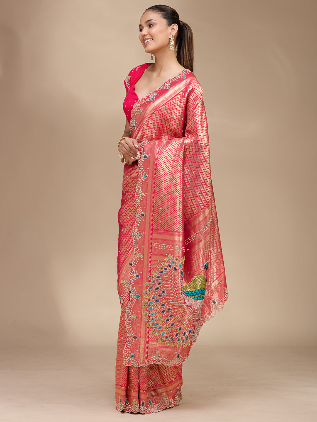 Rani Pink Stonework (Gold) Silk Silk_Saree