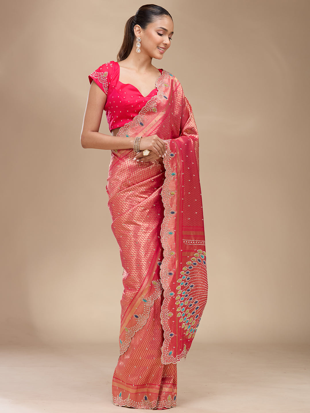 Rani Pink Stonework (Gold) Silk Silk_Saree