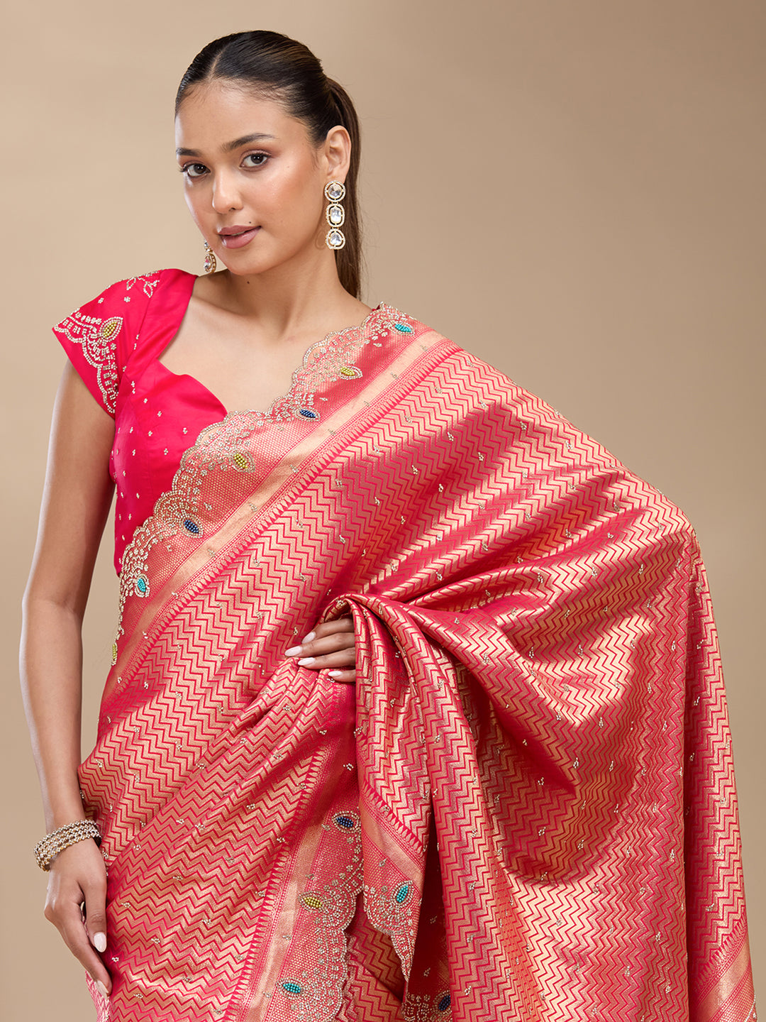 Rani Pink Stonework (Gold) Silk Silk_Saree