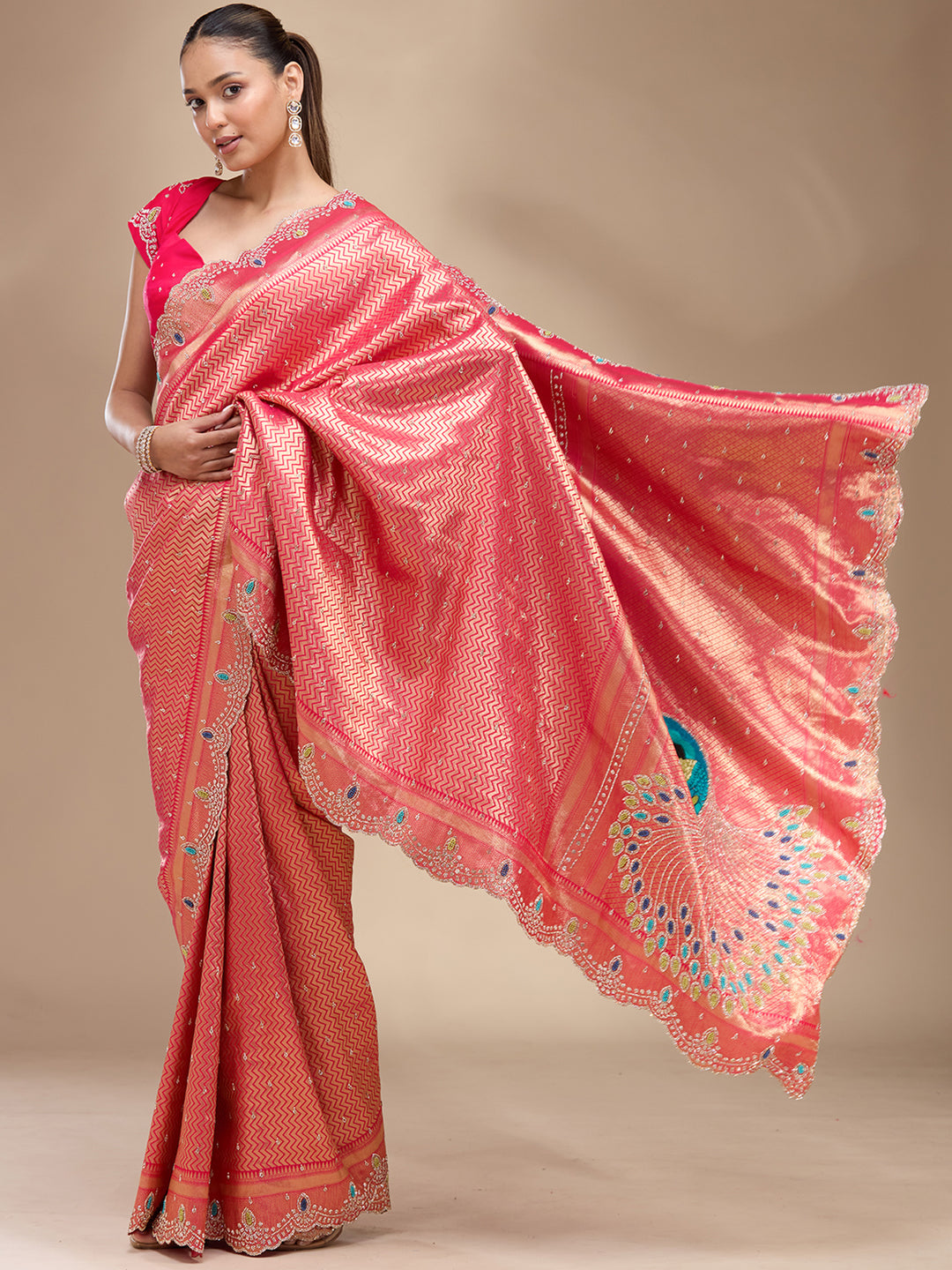 Rani Pink Stonework (Gold) Silk Silk_Saree