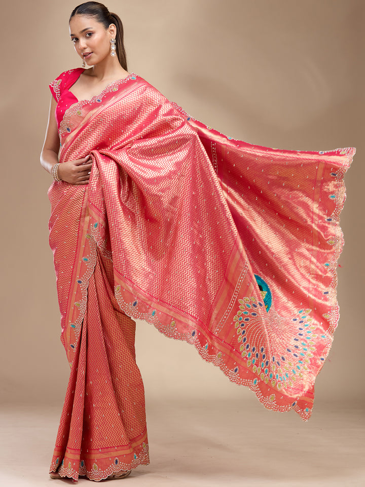 Rani Pink Stonework (Gold) Silk Silk_Saree