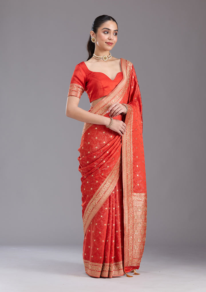 Orange Aariwork Silk Saree