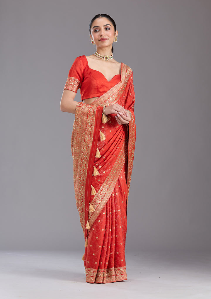 Orange Aariwork Silk Saree