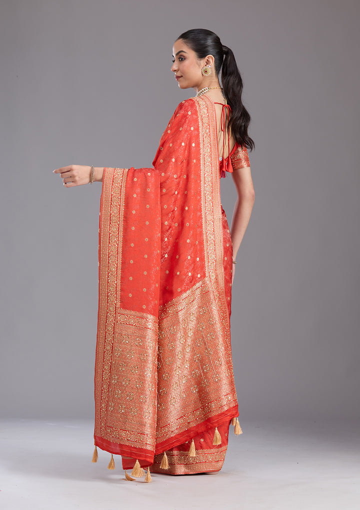 Orange Aariwork Silk Saree