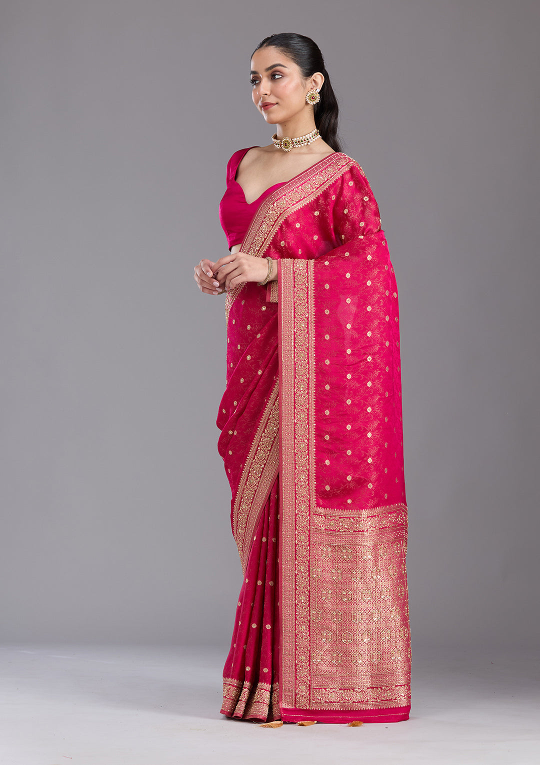 Rani Pink Aariwork Silk Saree