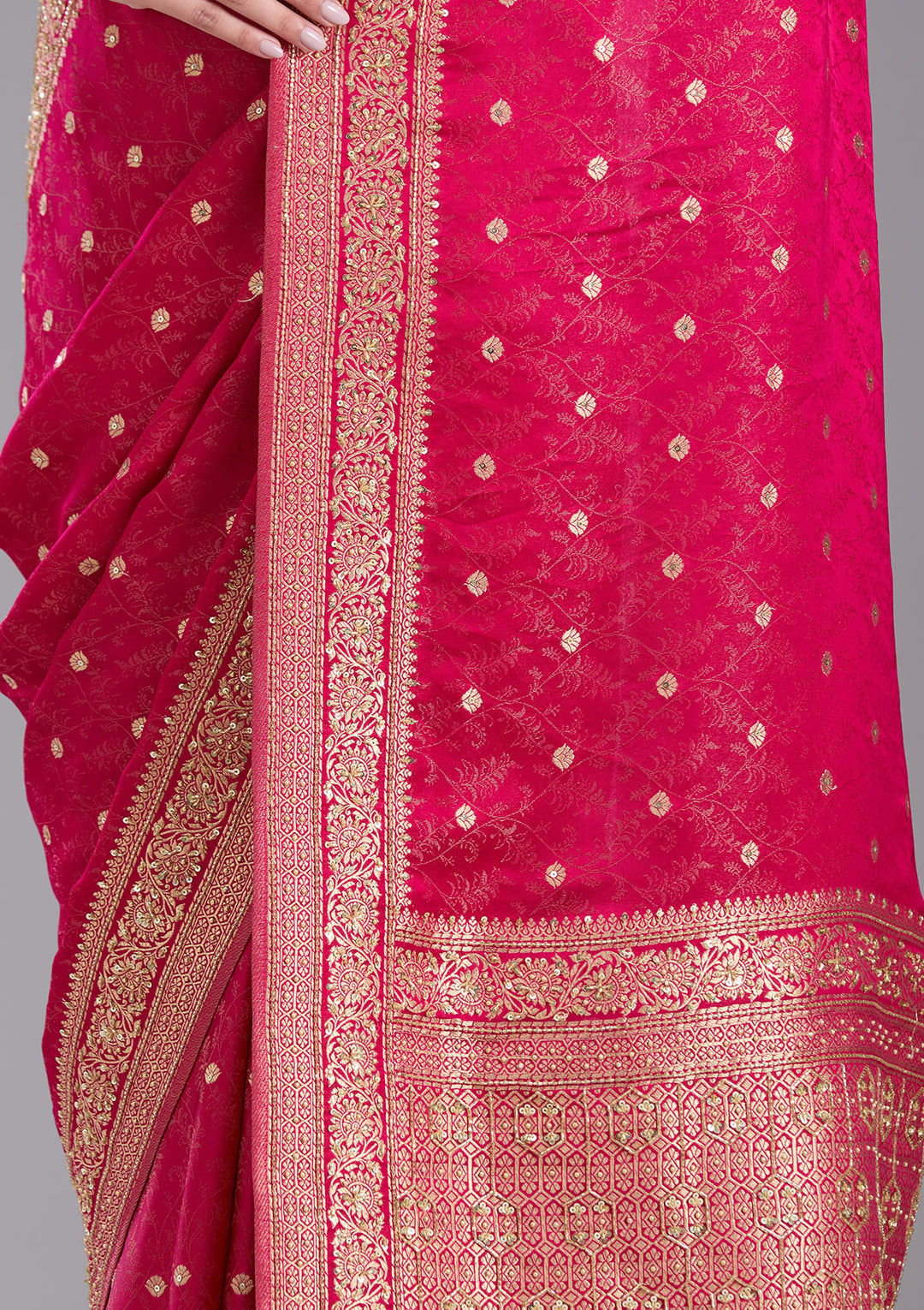 Rani Pink Aariwork Silk Saree