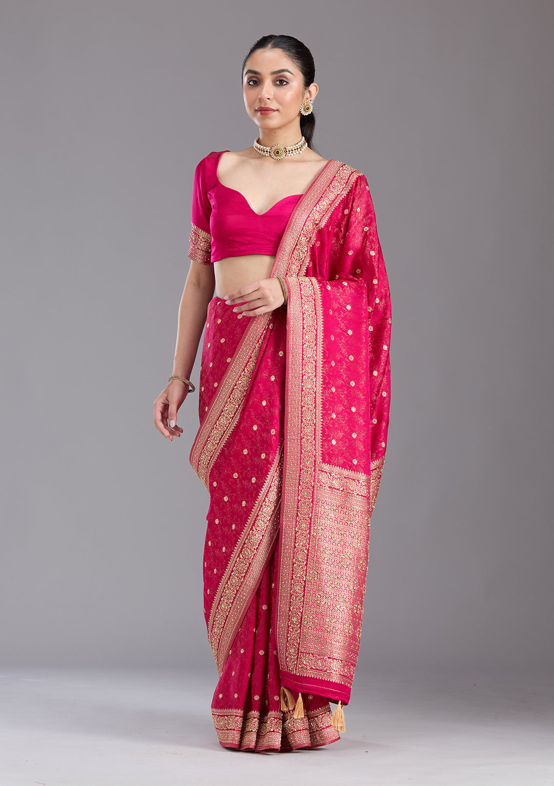 Rani Pink Aariwork Silk Saree
