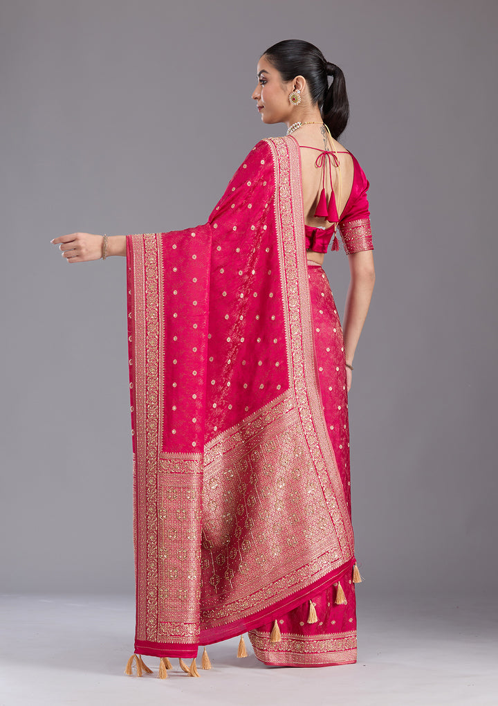 Rani Pink Aariwork Silk Saree