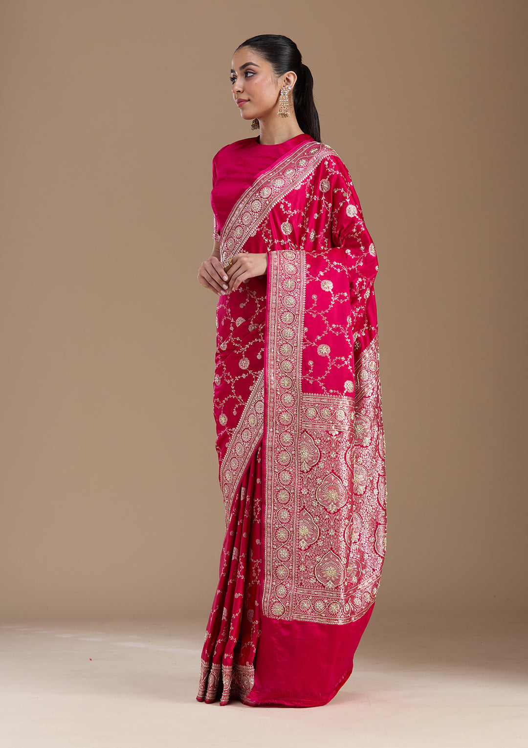Rani Pink Zardozi (Silver) Art Silk Silk_Saree