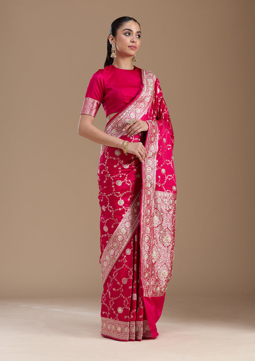 Rani Pink Zardozi (Silver) Art Silk Silk_Saree
