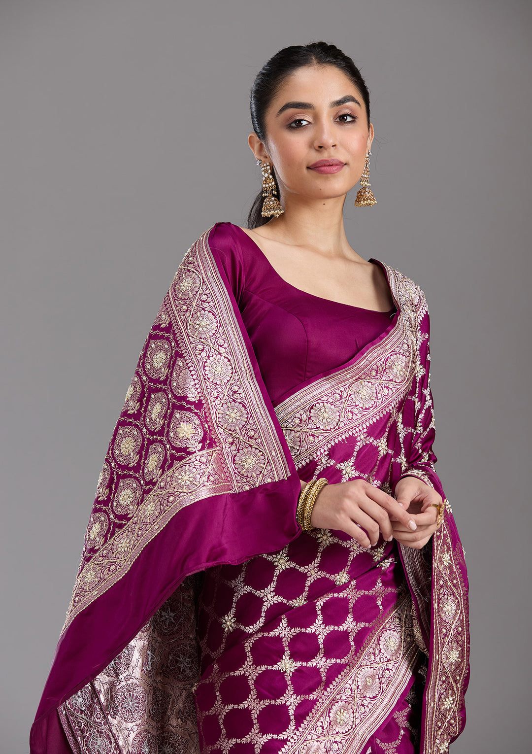 Wine Zardozi (Silver) Art Silk Silk_Saree