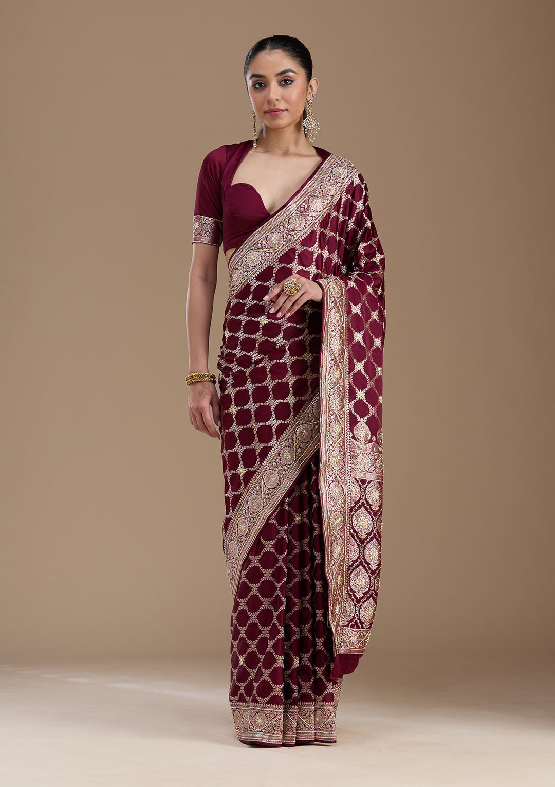 Wine Zardozi (Silver) Art Silk Silk_Saree