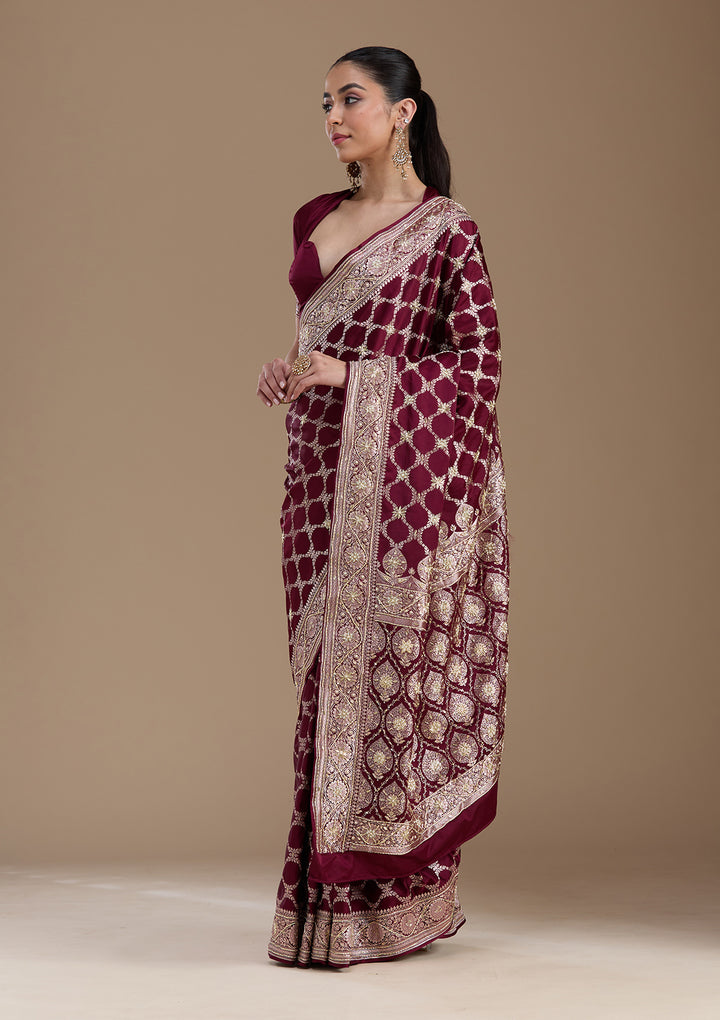 Wine Zardozi (Silver) Art Silk Silk_Saree