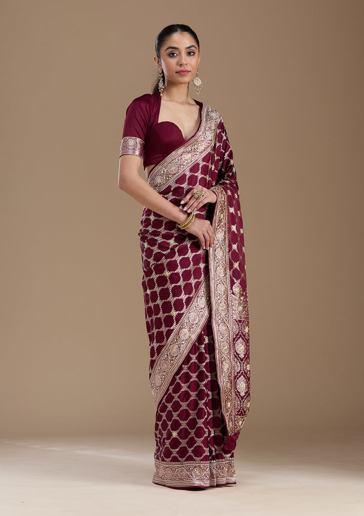 Wine Zardozi (Silver) Art Silk Silk_Saree