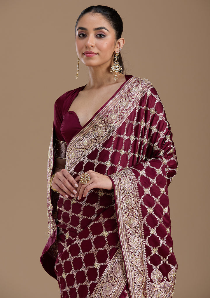 Wine Zardozi (Silver) Art Silk Silk_Saree