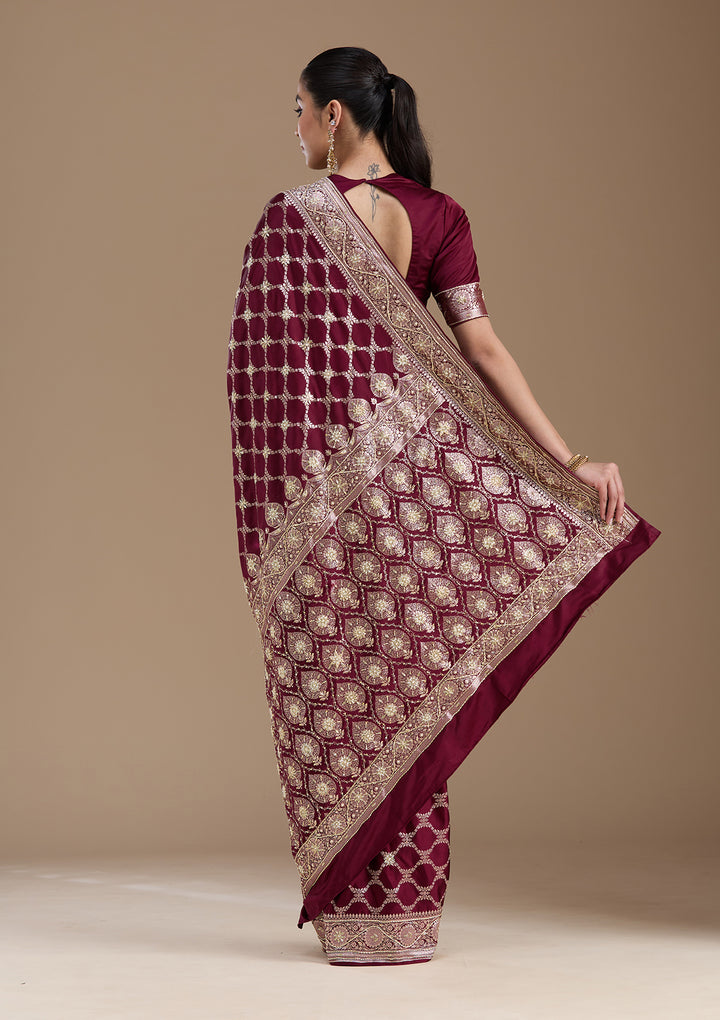 Wine Zardozi (Silver) Art Silk Silk_Saree