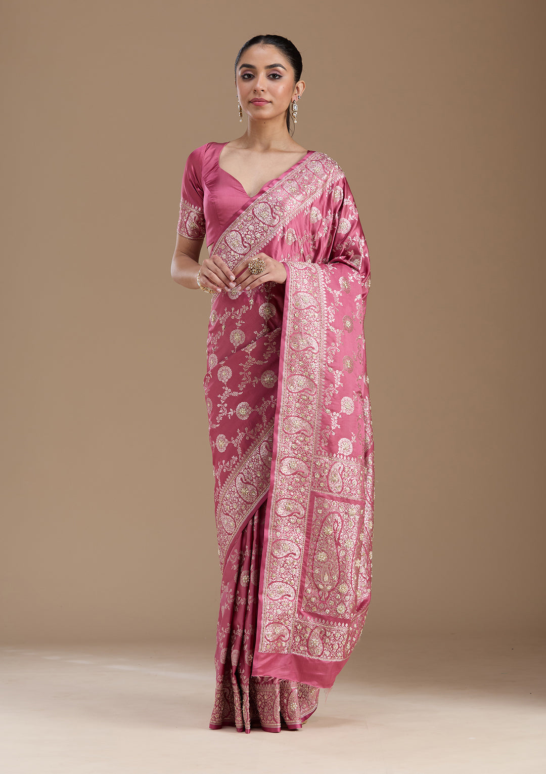 Onion Pink Zardozi (Silver) Art Silk Silk_Saree