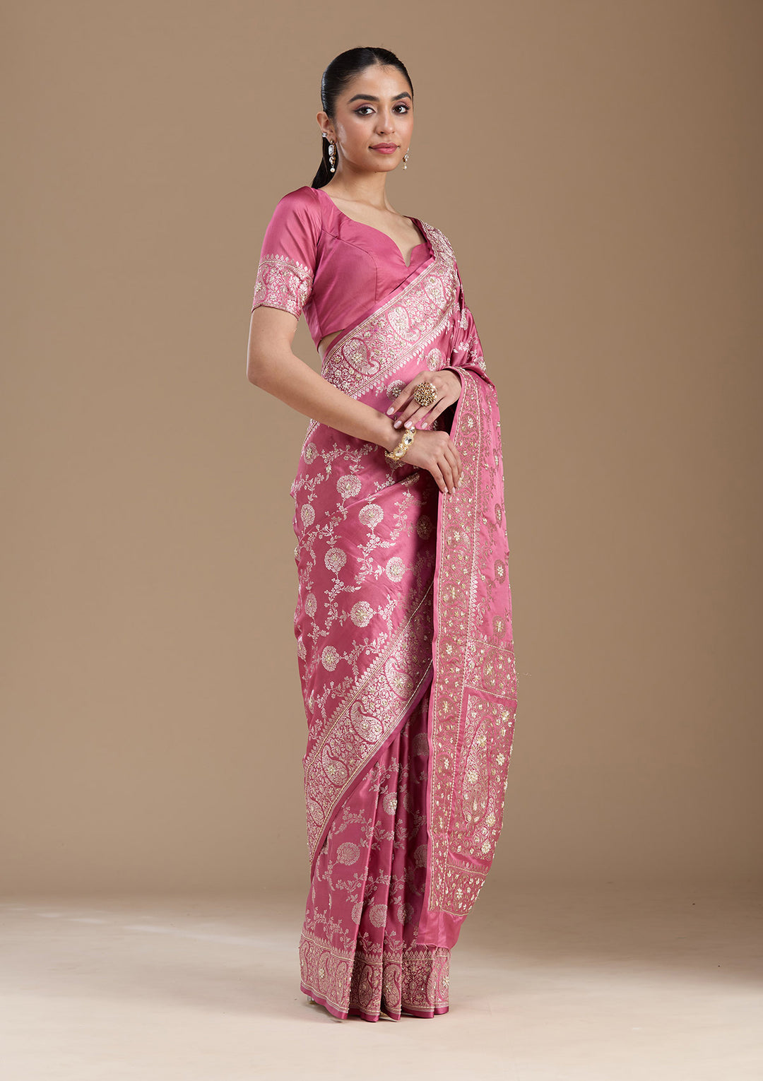 Onion Pink Zardozi (Silver) Art Silk Silk_Saree
