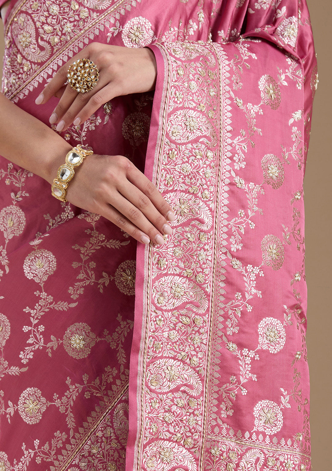 Onion Pink Zardozi (Silver) Art Silk Silk_Saree