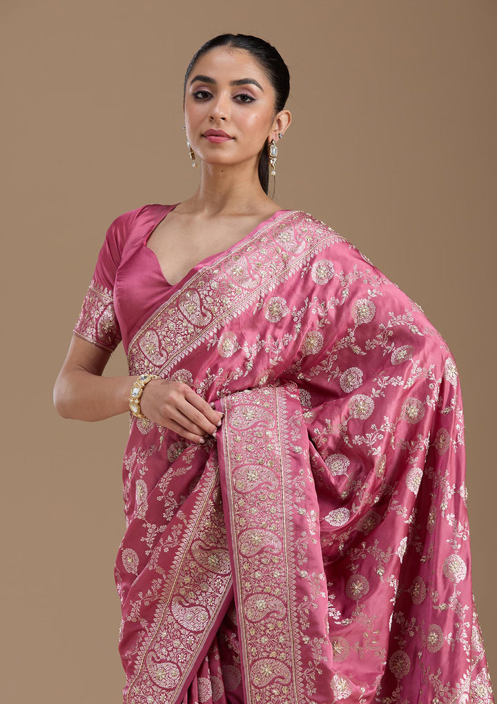 Onion Pink Zardozi (Silver) Art Silk Silk_Saree