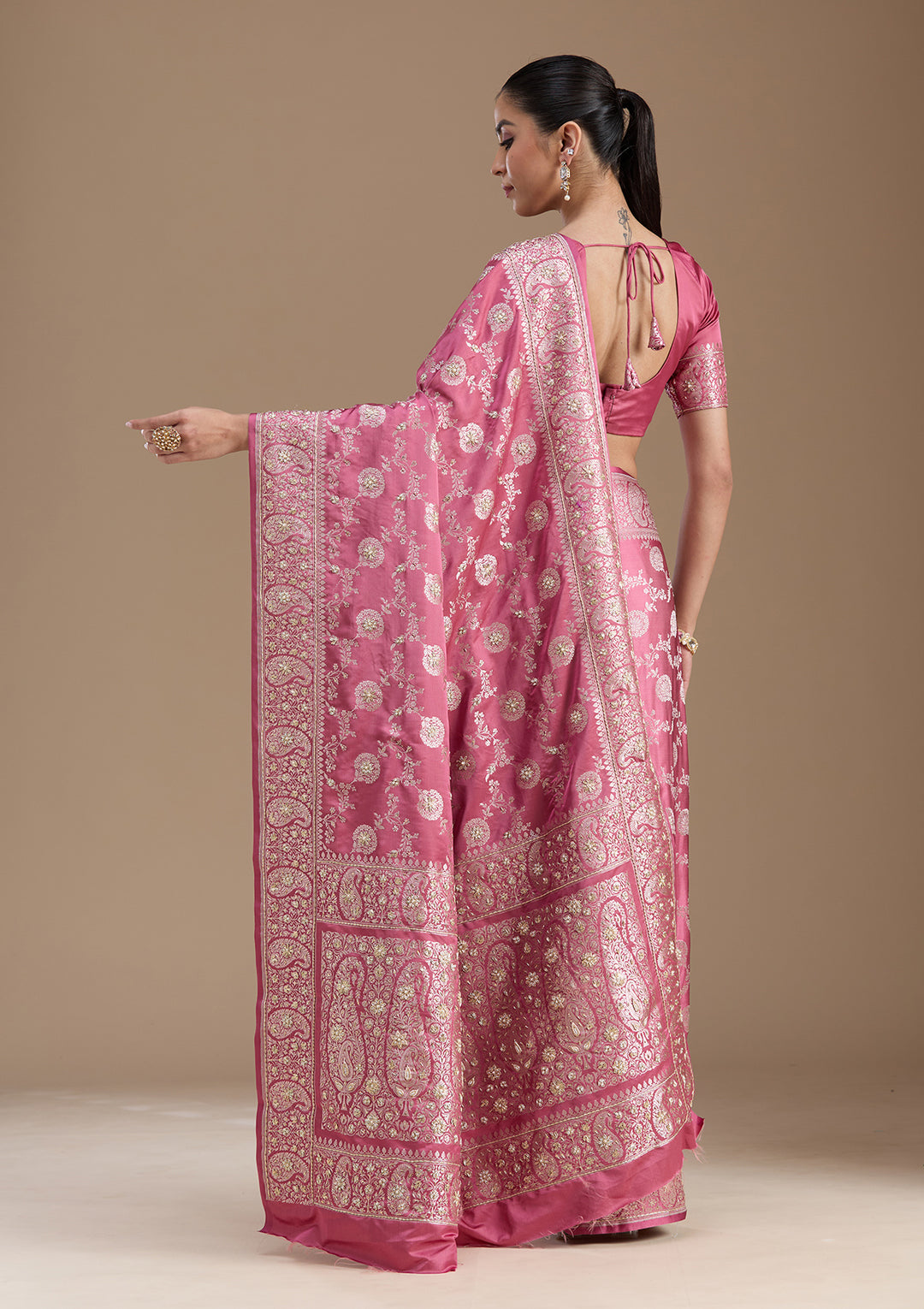 Onion Pink Zardozi (Silver) Art Silk Silk_Saree