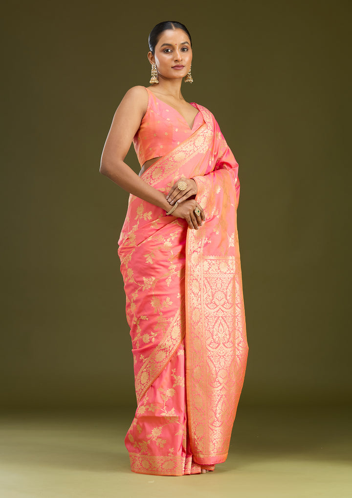 Peach Zariwork (Gold) Art Silk Silk Saree
