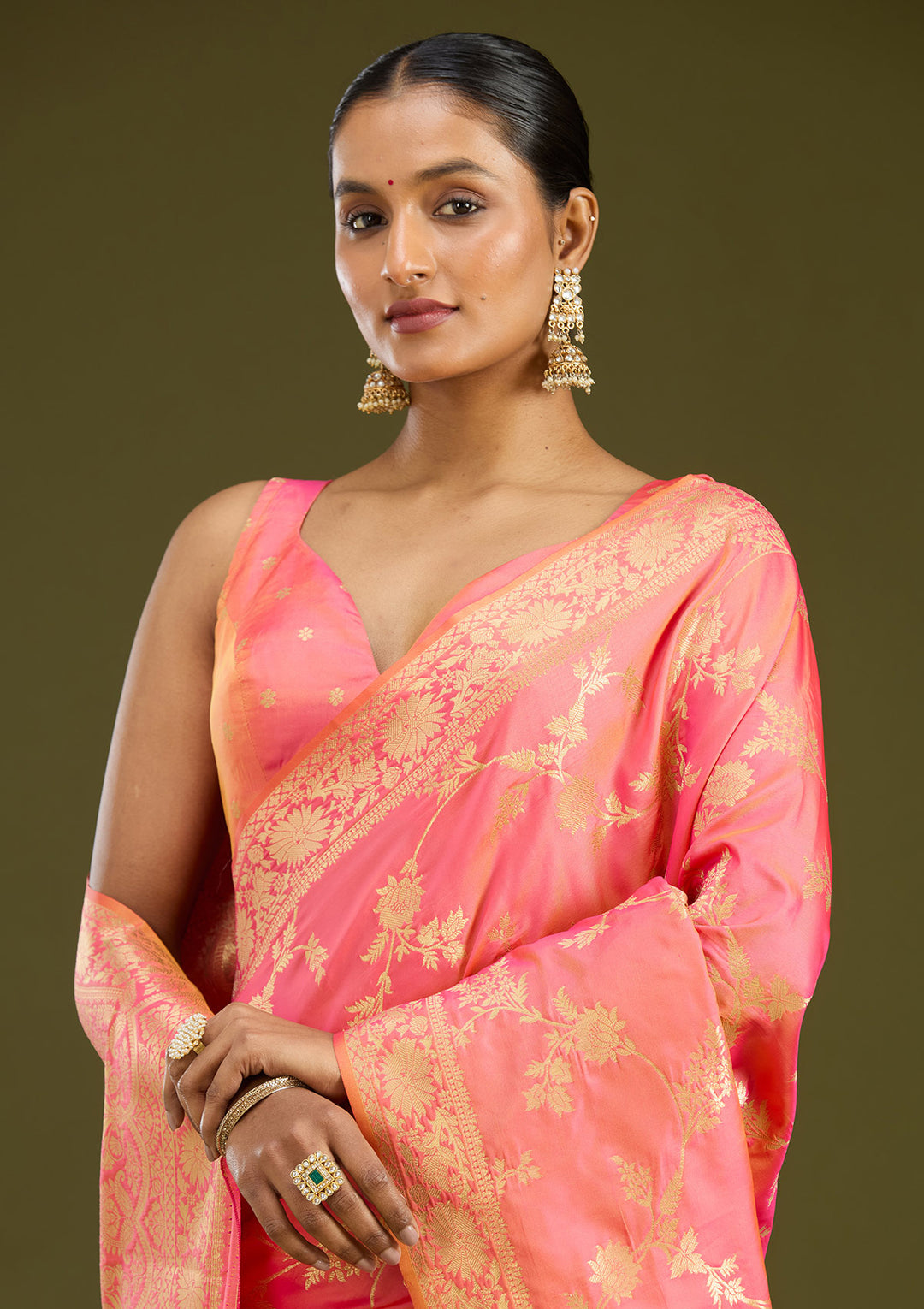 Peach Zariwork (Gold) Art Silk Silk Saree
