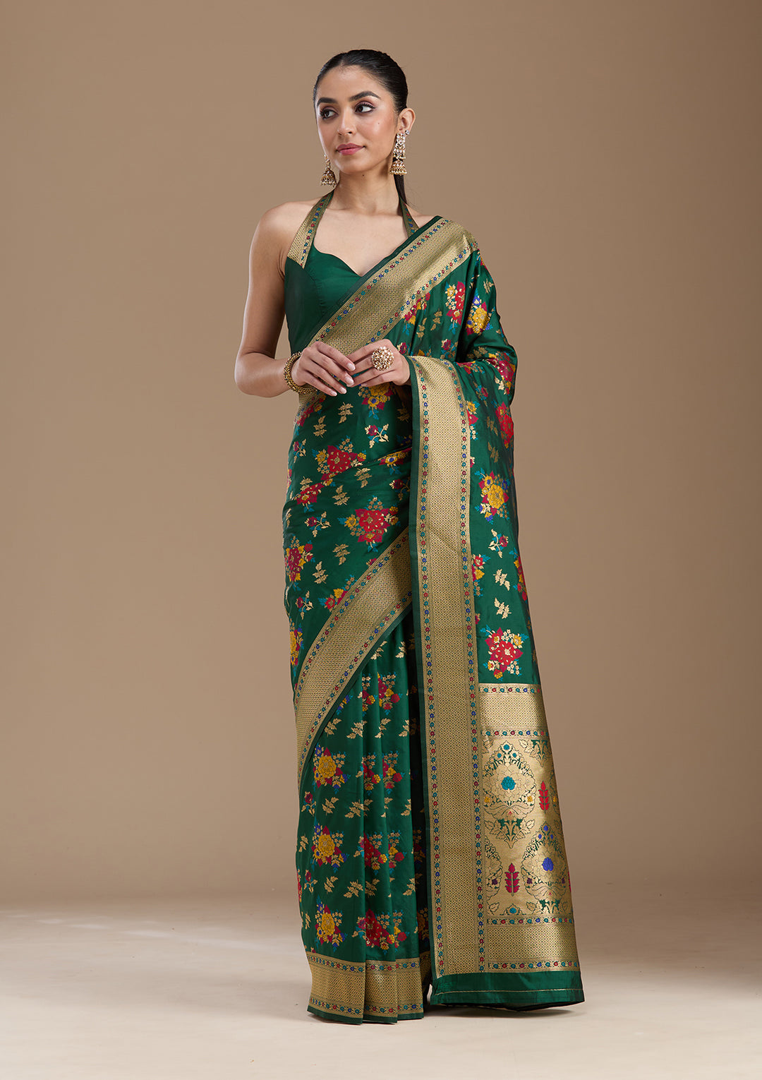Bottle Green Zariwork Art Silk Saree