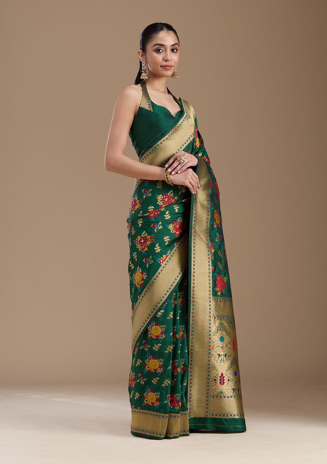Bottle Green Zariwork Art Silk Saree
