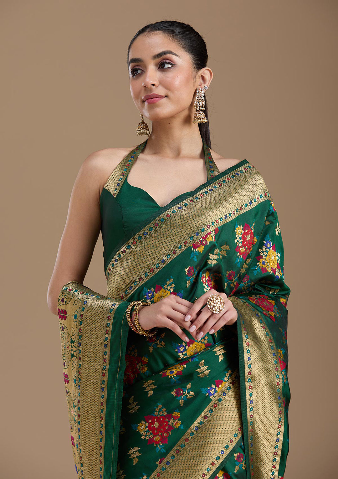 Bottle Green Zariwork Art Silk Saree