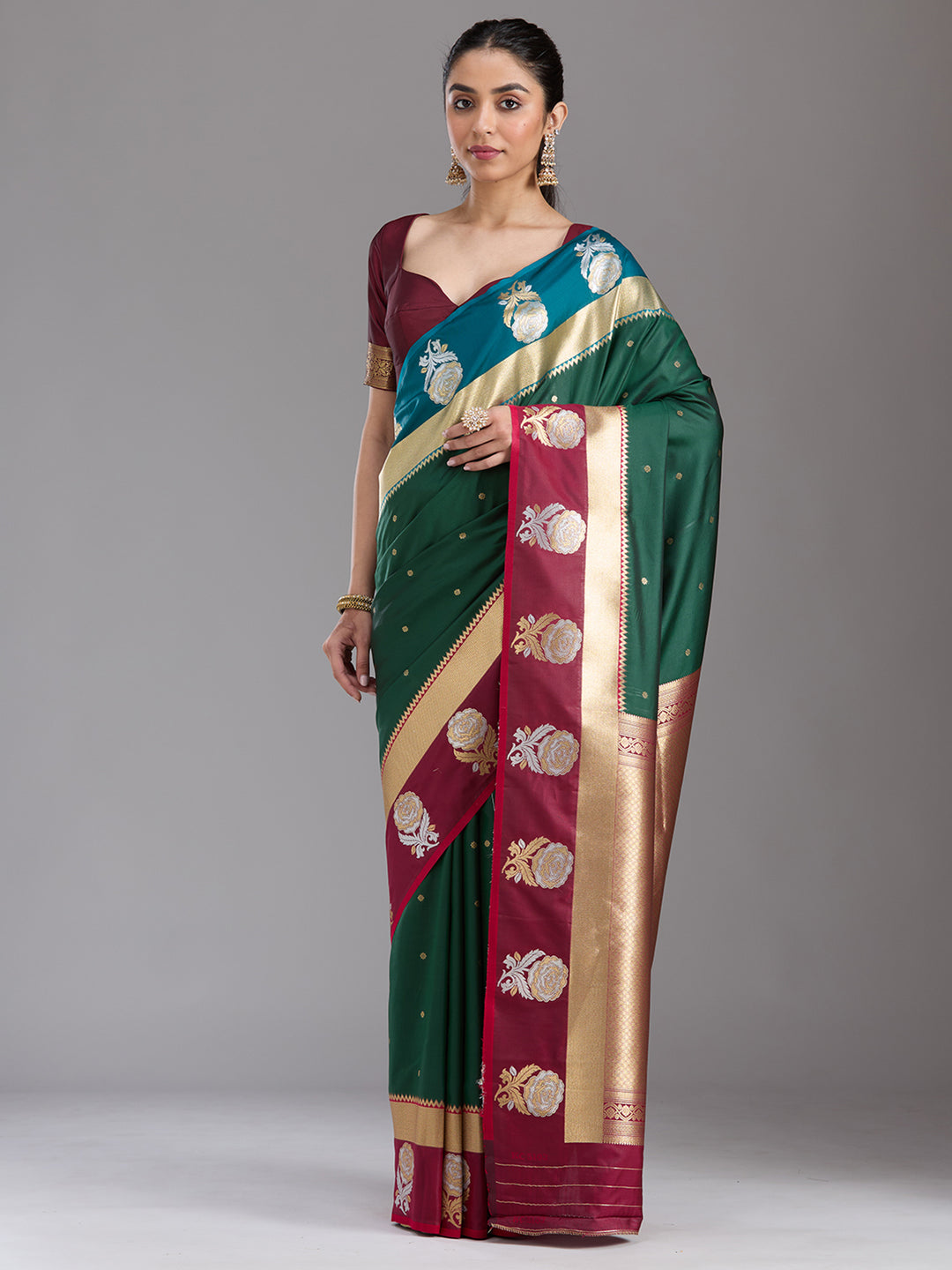 Bottle Green Zariwork Art Silk Saree