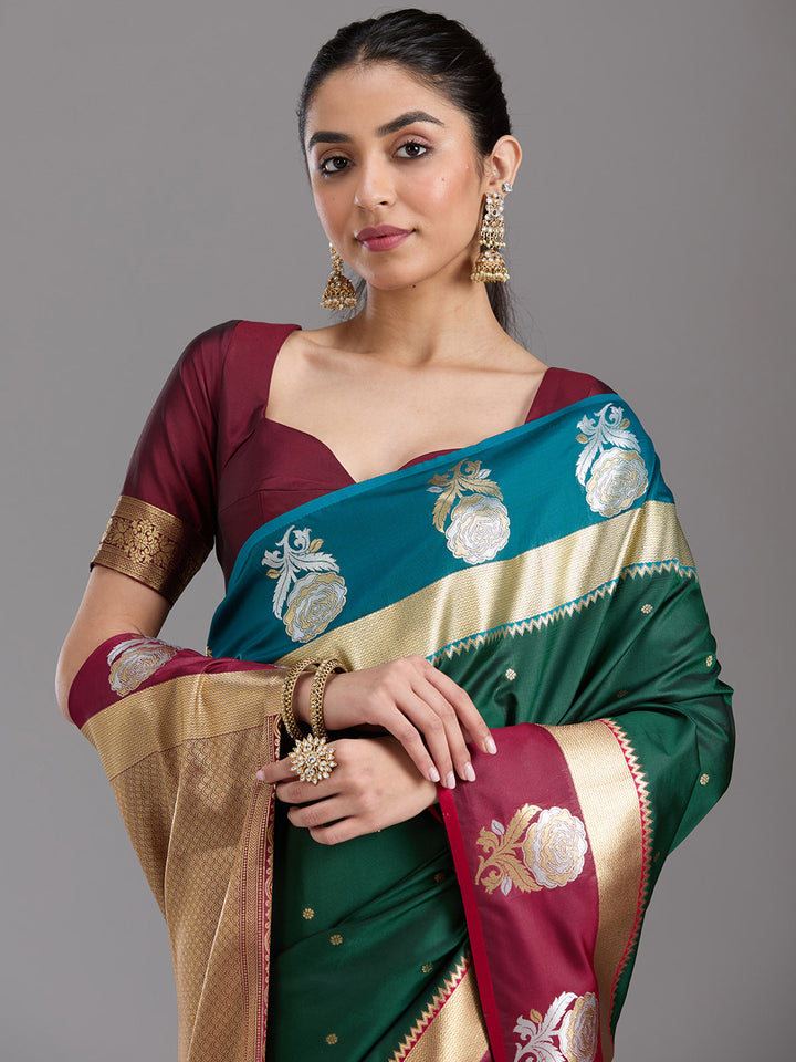 Bottle Green Zariwork Art Silk Saree