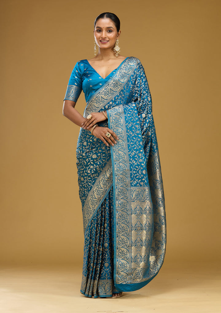 Turquoise Blue Zariwork (Gold) Art Silk Silk Saree