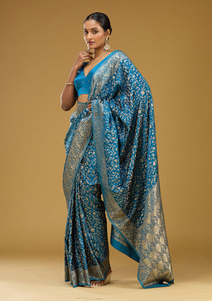 Turquoise Blue Zariwork (Gold) Art Silk Silk Saree
