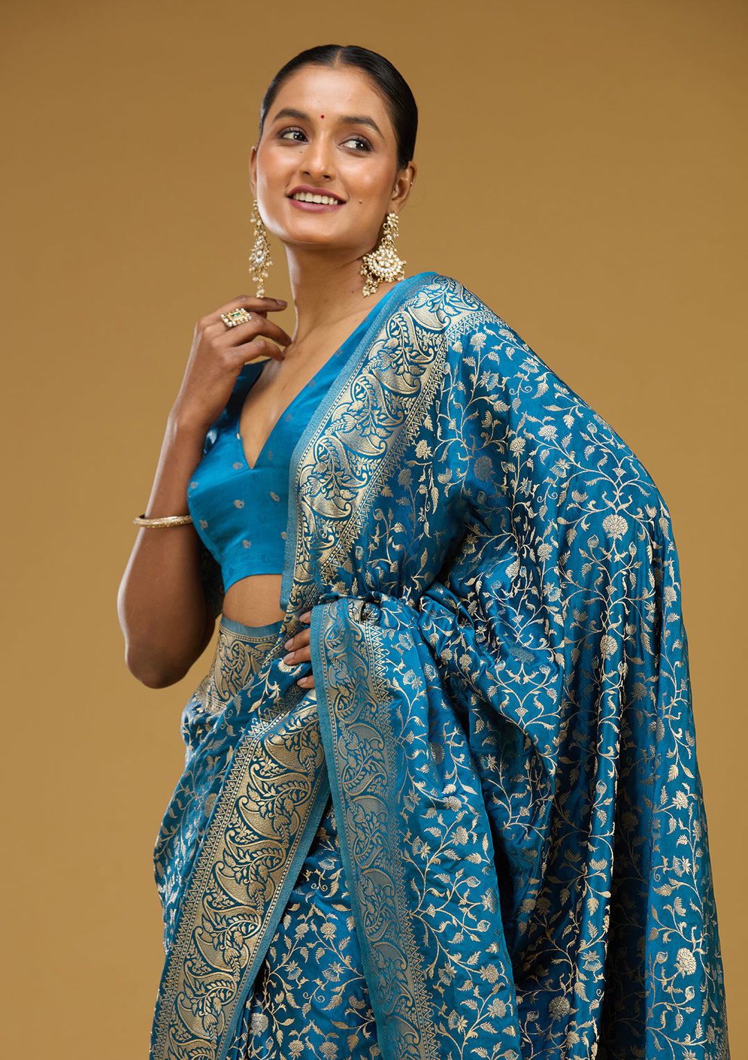 Turquoise Blue Zariwork (Gold) Art Silk Silk Saree