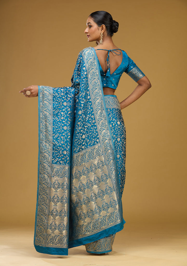 Turquoise Blue Zariwork (Gold) Art Silk Silk Saree
