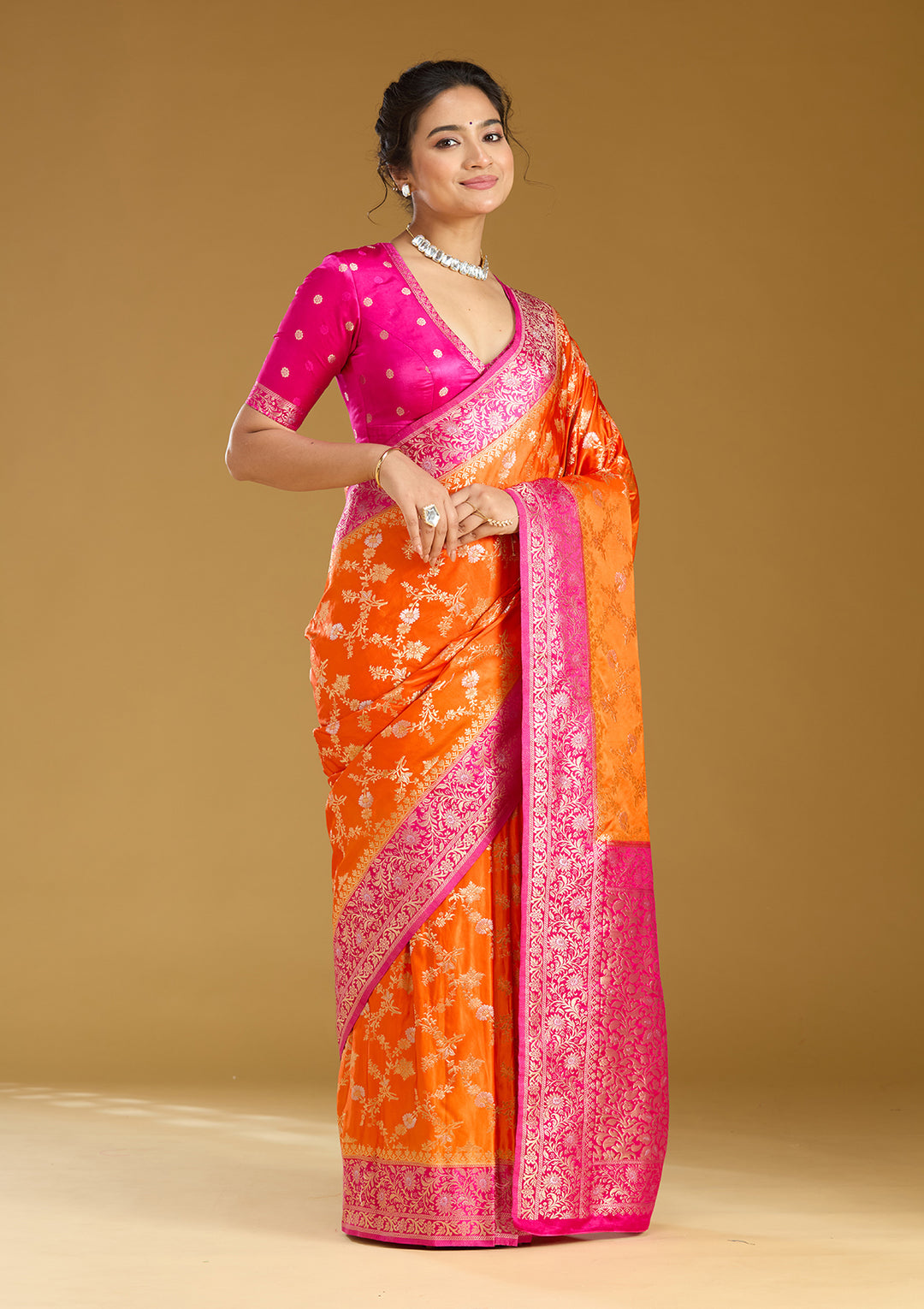 Orange Zariwork (Gold) Art Silk Saree