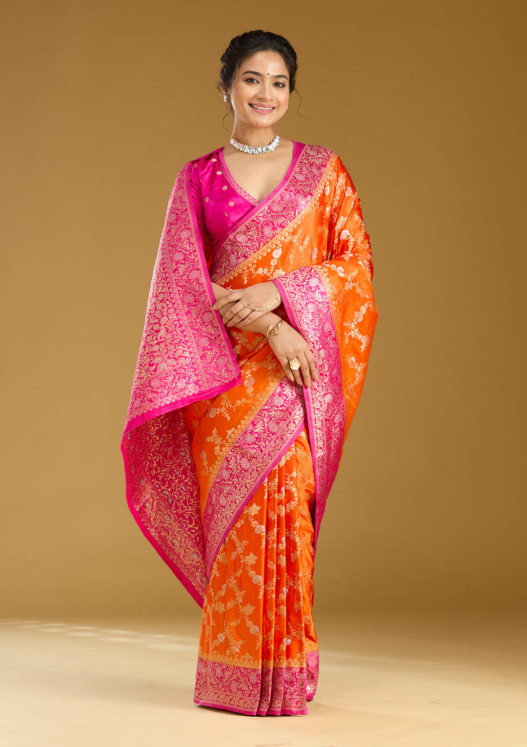 Orange Zariwork (Gold) Art Silk Saree
