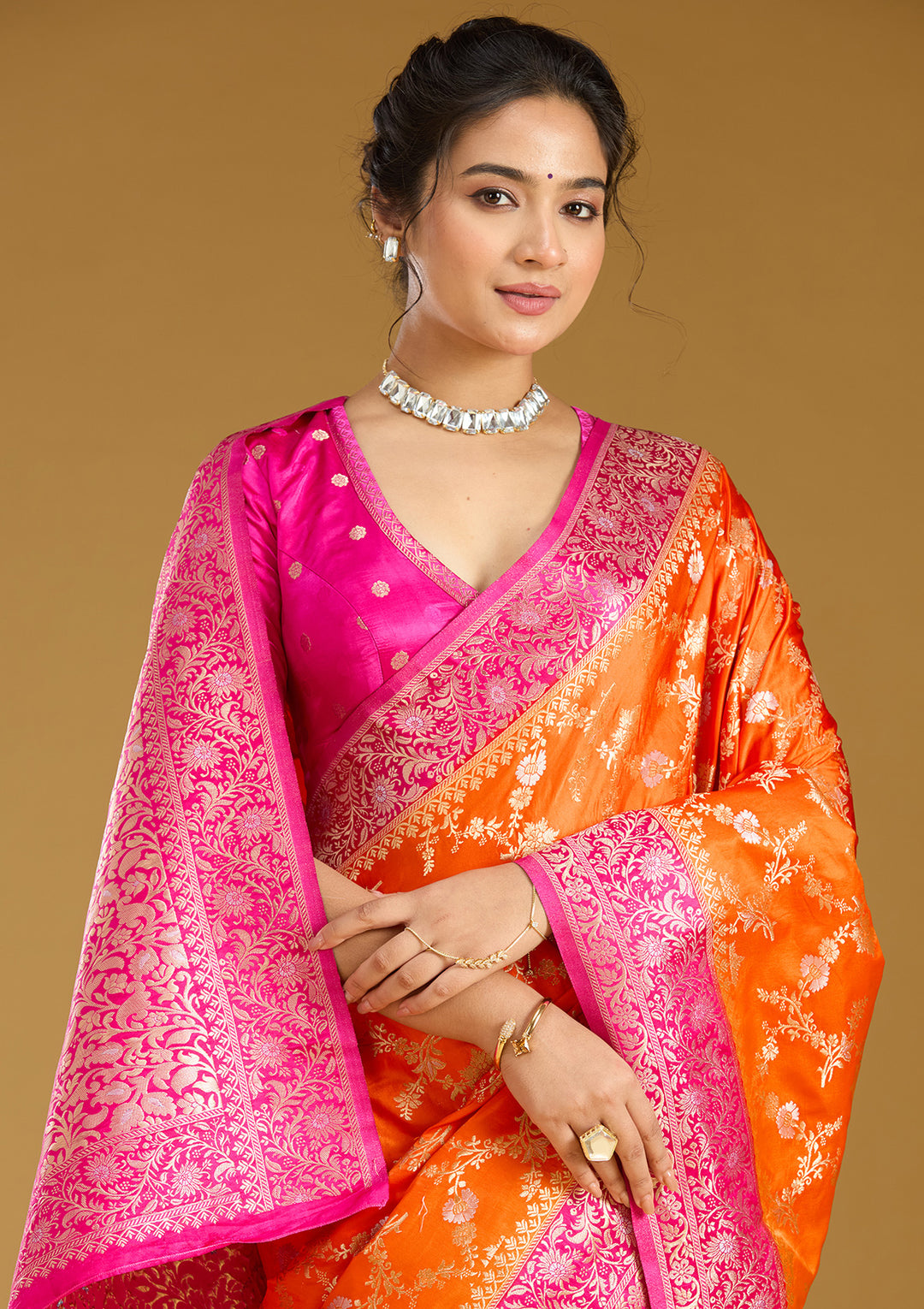 Orange Zariwork (Gold) Art Silk Saree