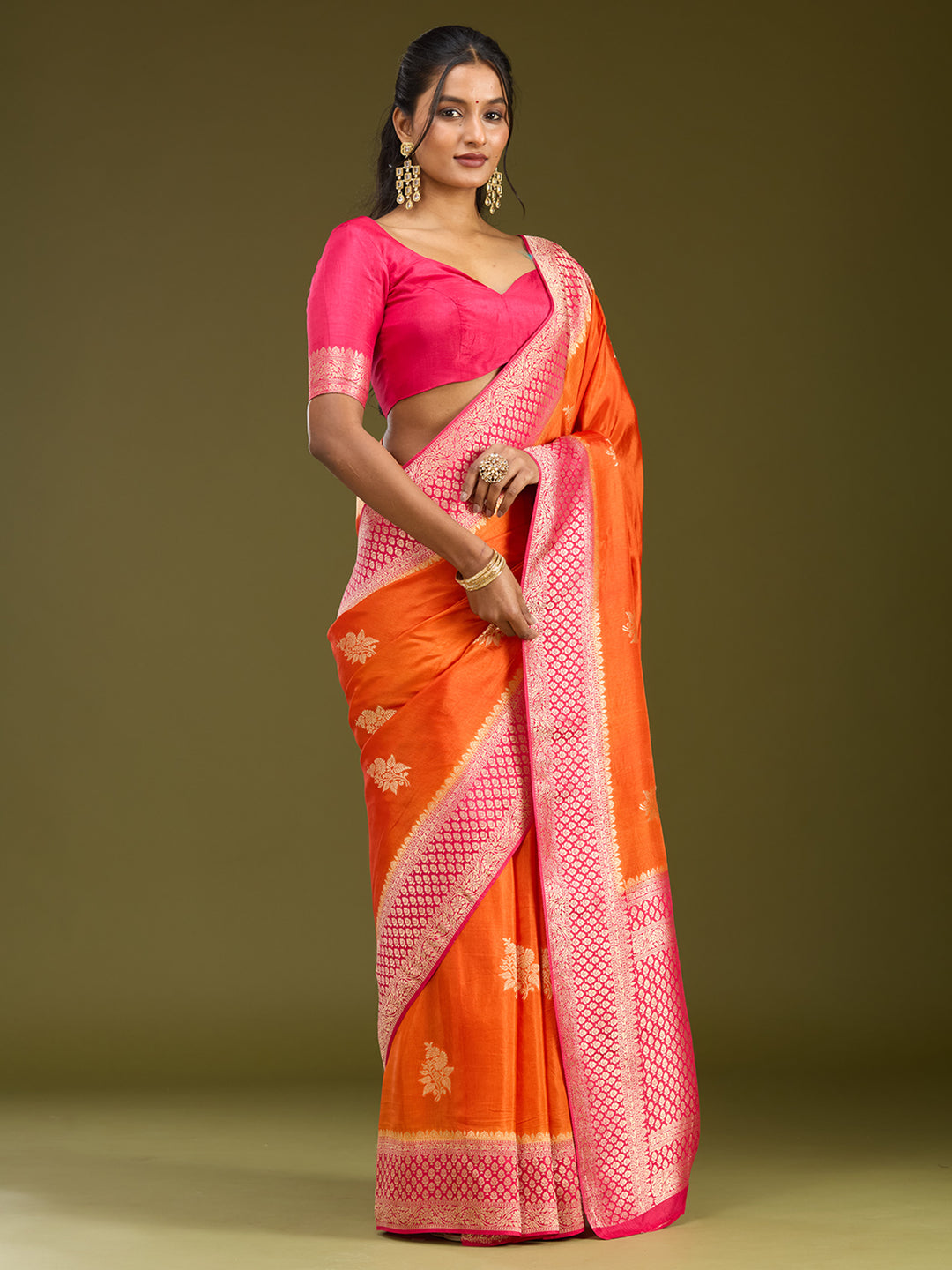 Orange Zariwork (Silver) Art Silk Saree