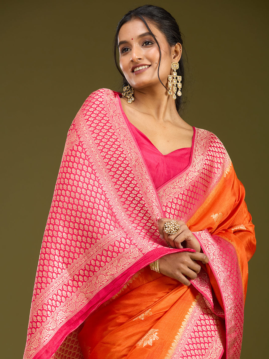 Orange Zariwork (Silver) Art Silk Saree