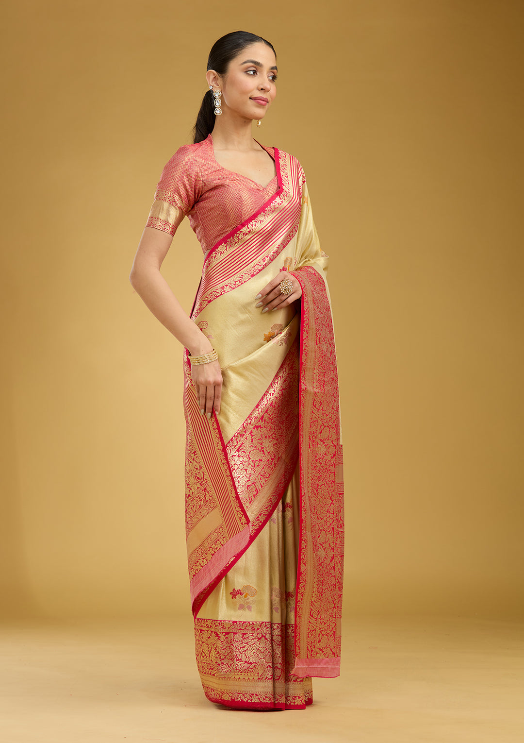 Cream Zariwork Art Silk Saree