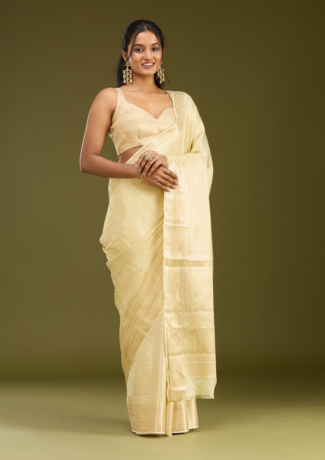 Cream Zariwork Georgette Silk Saree