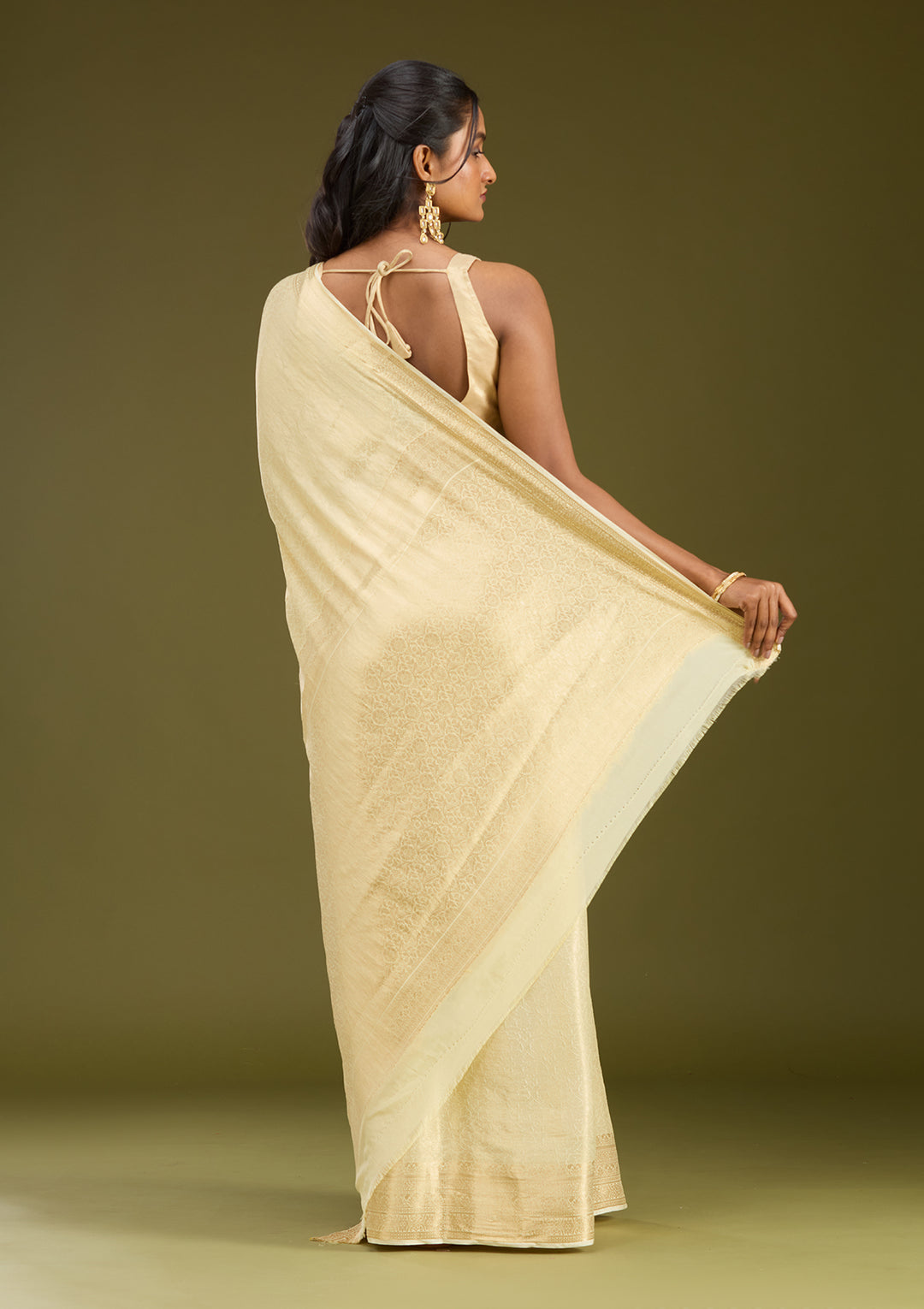 Cream Zariwork Georgette Silk Saree