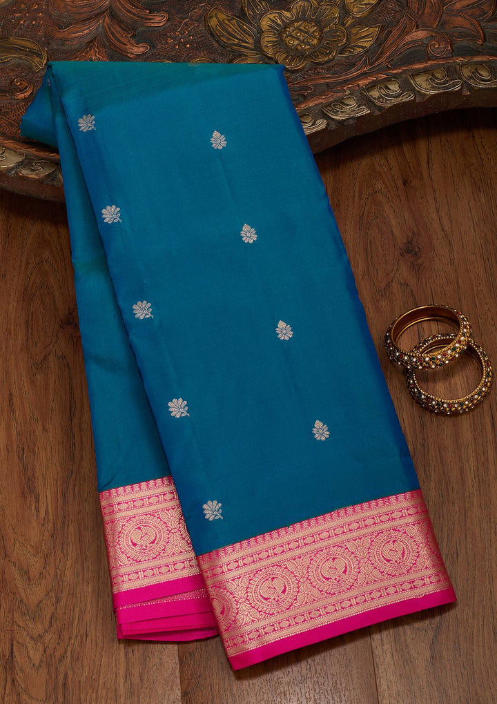 Peacock Blue Zariwork Pure Silk Saree